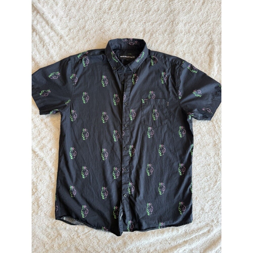 Molokai Surf Co. Men's Black Skull Palm Graphic Short Sleeve Button-Up Shirt L